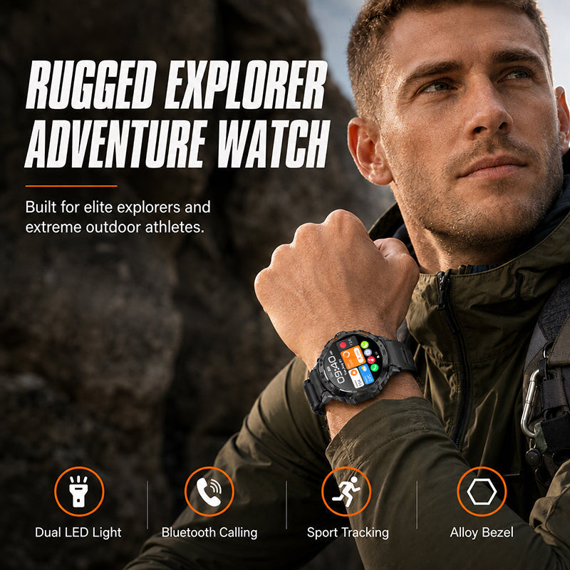 ⌚ Rugged Outdoor Smartwatch with LED Flashlight & Bluetooth Calls 🔦