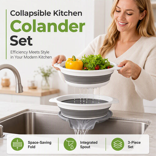 🥗 Collapsible 3-Piece Colander Set With Draining Base 🪣