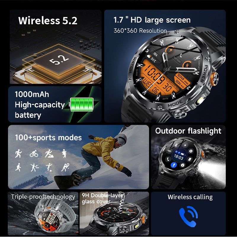 ⌚ 1000mAh Smartwatch – 1.7" Display, 100+ Sports Modes & LED Light