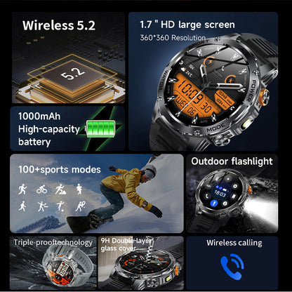⌚ 1000mAh Smartwatch – 1.7" Display, 100+ Sports Modes & LED Light