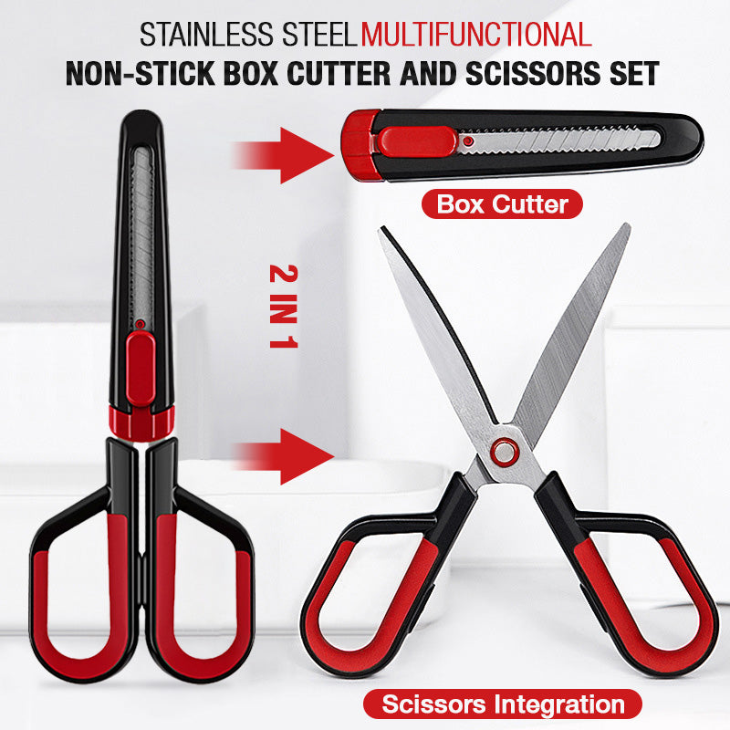 ✂️ 2-in-1 Anti-Adhesive Scissors & Box Cutter – Stainless Steel Multi Tool