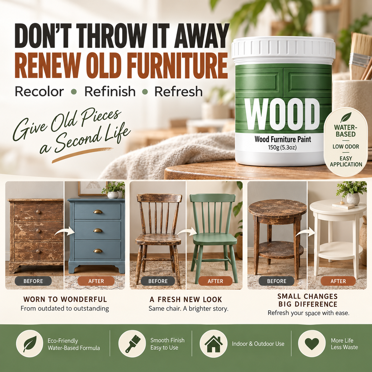 🎨 Water-Based Wood Paint – Furniture Refinishing Paint for DIY Makeovers