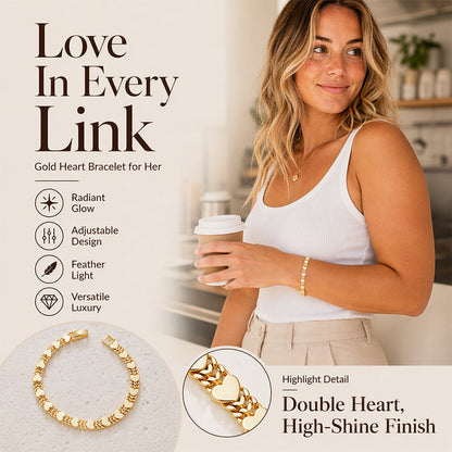 💛 Gold-Tone Heart Bracelet for Women – Double Heart Link Design ✨