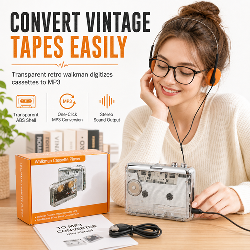 📻 Transparent Cassette Player to MP3 Converter - Portable Walkman Tape Digitizer 📼