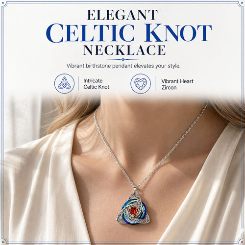 💎 Celtic Knot Birthstone Necklace – Heart Crystal Pendant Gift for Women ✨
