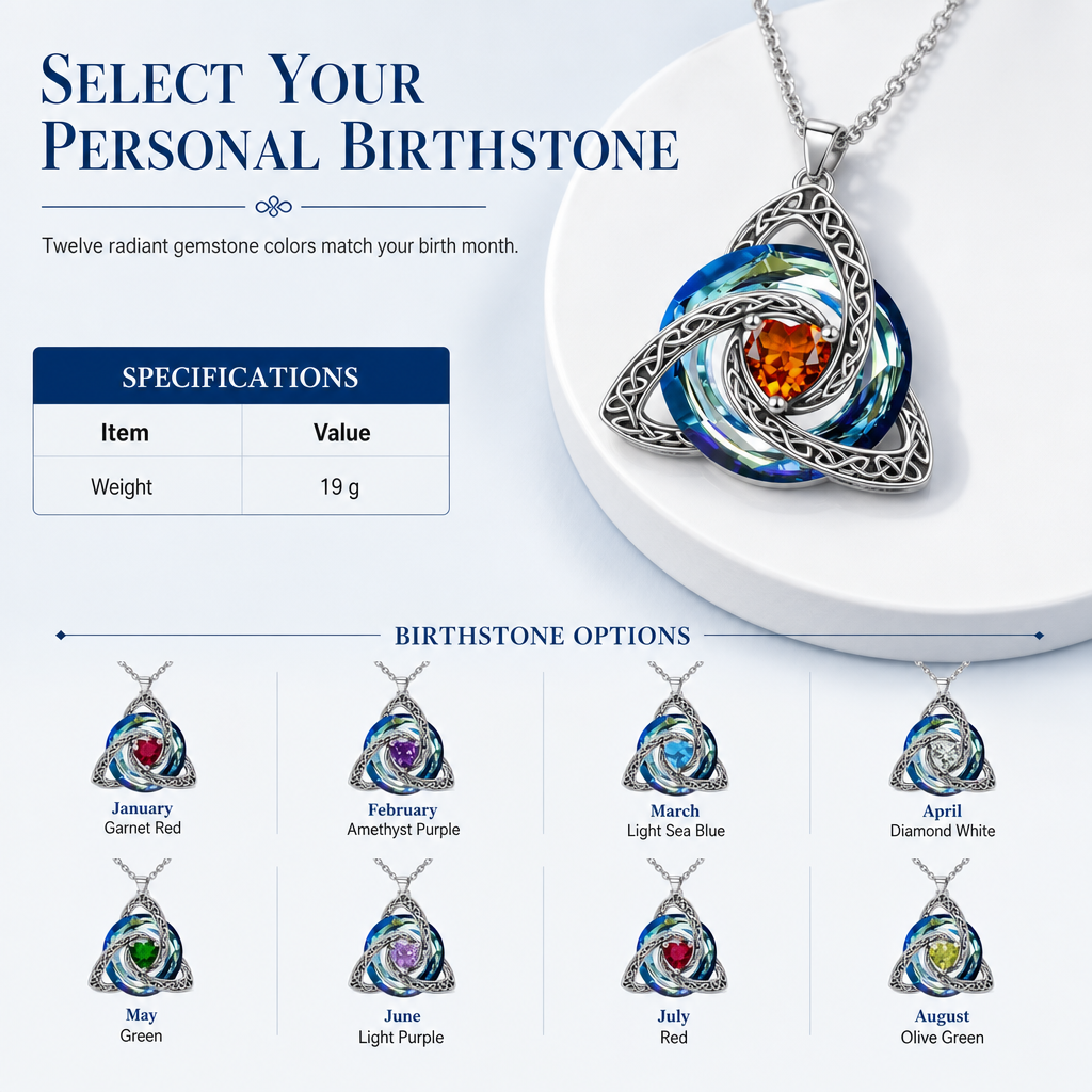 💎 Celtic Knot Birthstone Necklace – Heart Crystal Pendant Gift for Women ✨
