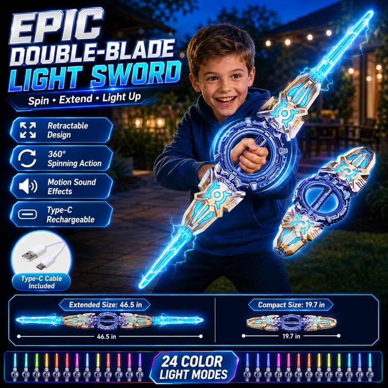 ⚔️ Spinning Double-Bladed Light-Up Sword – Rechargeable, 24 Modes ✨