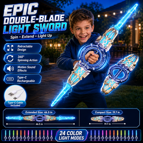 ⚔️ Spinning Double-Bladed Light-Up Sword – Rechargeable, 24 Modes ✨