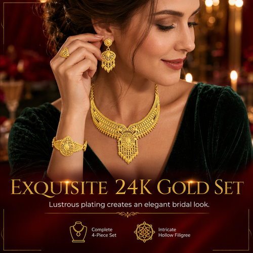 ✨ 24K Gold Plated Bridal Jewelry Set - Hollow Filigree Necklace Bracelet Ring Earrings 👑