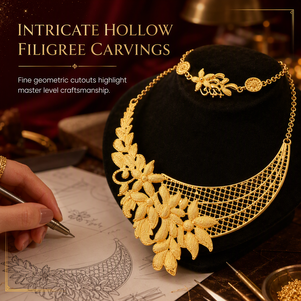 ✨ 24K Gold Plated Bridal Jewelry Set - Hollow Filigree Necklace Bracelet Ring Earrings 👑