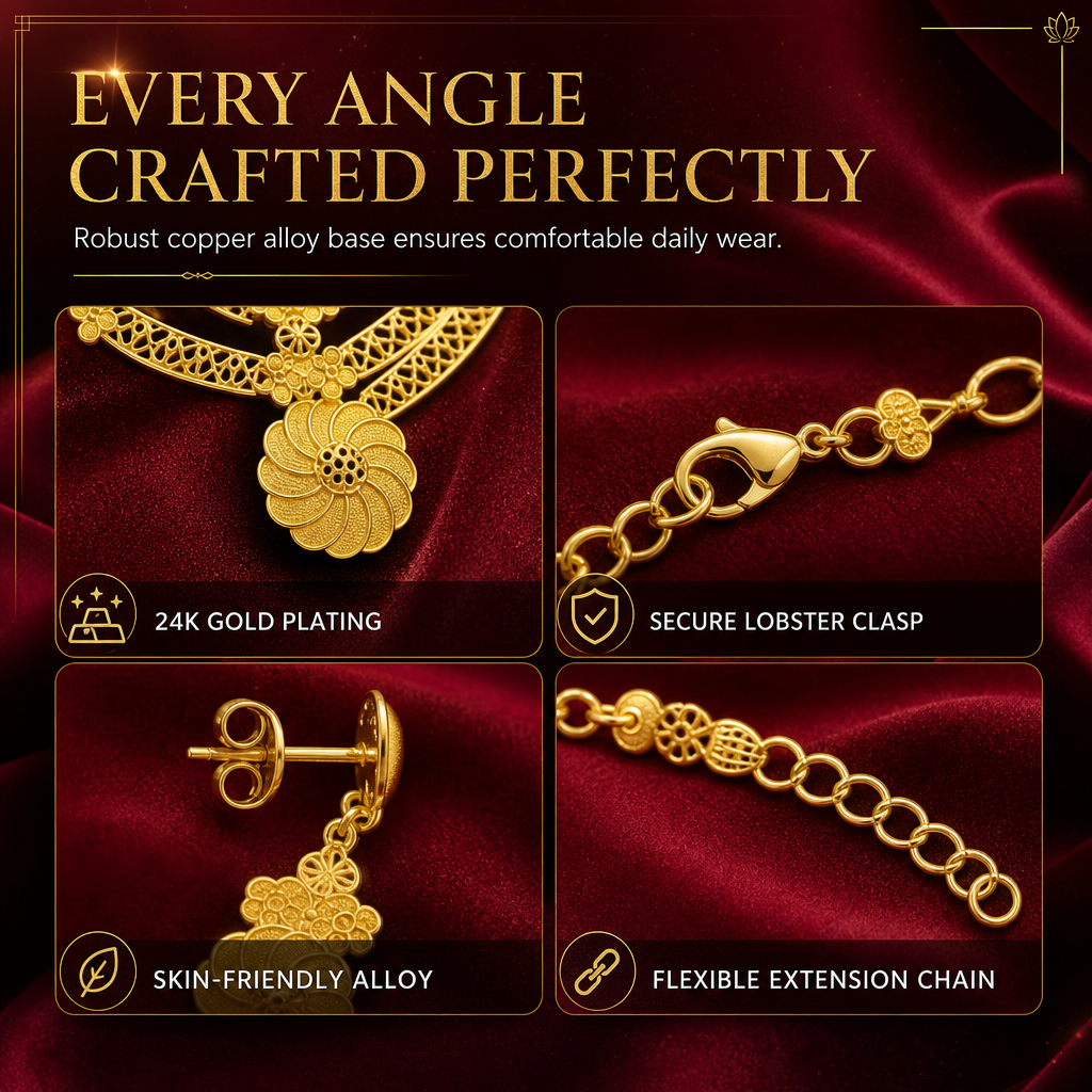 ✨ 24K Gold Plated Bridal Jewelry Set - Hollow Filigree Necklace Bracelet Ring Earrings 👑