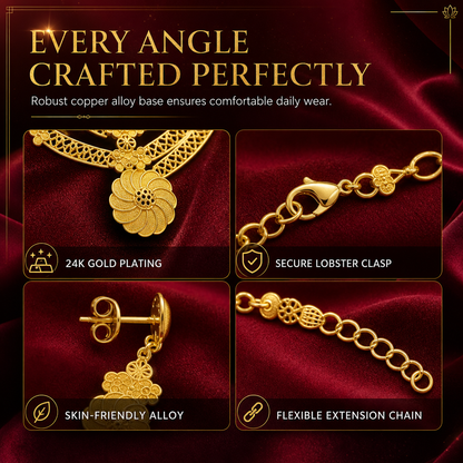✨ 24K Gold Plated Bridal Jewelry Set - Hollow Filigree Necklace Bracelet Ring Earrings 👑