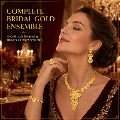 ✨ 24K Gold Plated Bridal Jewelry Set - Hollow Filigree Necklace Bracelet Ring Earrings 👑