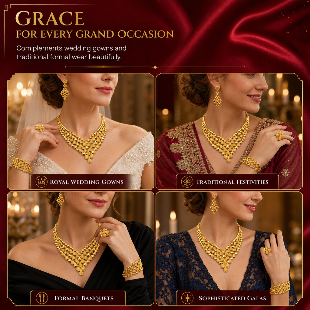 ✨ 24K Gold Plated Bridal Jewelry Set - Hollow Filigree Necklace Bracelet Ring Earrings 👑