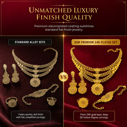 ✨ 24K Gold Plated Bridal Jewelry Set - Hollow Filigree Necklace Bracelet Ring Earrings 👑