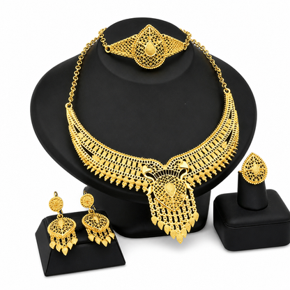 ✨ 24K Gold Plated Bridal Jewelry Set - Hollow Filigree Necklace Bracelet Ring Earrings 👑