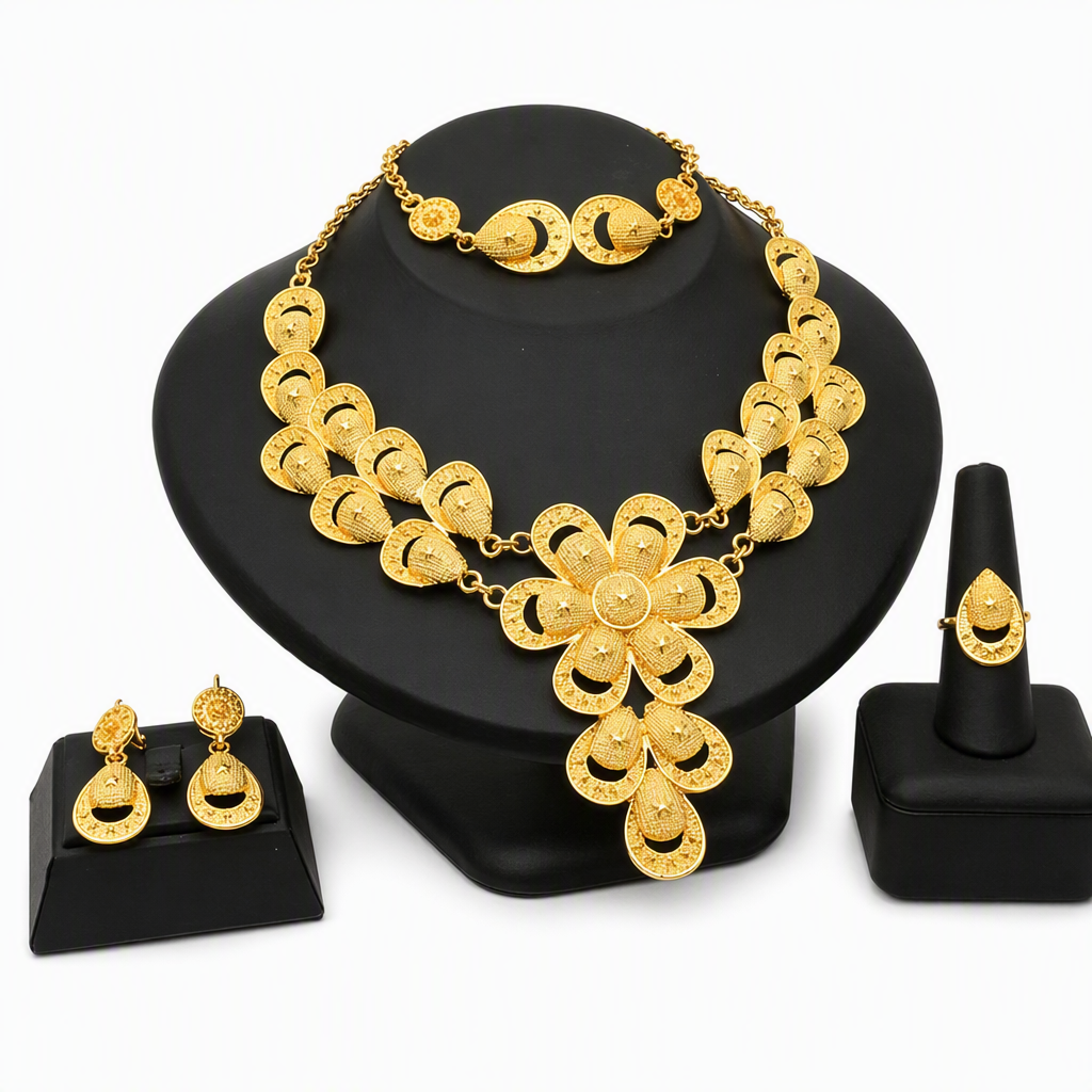✨ 24K Gold Plated Bridal Jewelry Set - Hollow Filigree Necklace Bracelet Ring Earrings 👑