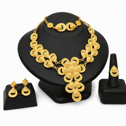 ✨ 24K Gold Plated Bridal Jewelry Set - Hollow Filigree Necklace Bracelet Ring Earrings 👑