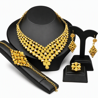 ✨ 24K Gold Plated Bridal Jewelry Set - Hollow Filigree Necklace Bracelet Ring Earrings 👑