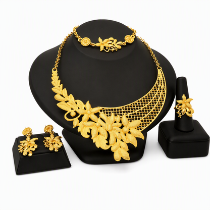 ✨ 24K Gold Plated Bridal Jewelry Set - Hollow Filigree Necklace Bracelet Ring Earrings 👑
