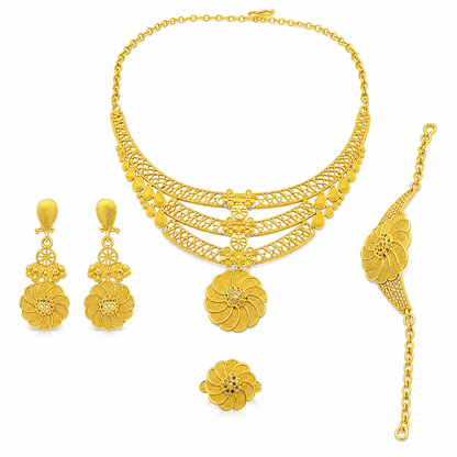✨ 24K Gold Plated Bridal Jewelry Set - Hollow Filigree Necklace Bracelet Ring Earrings 👑
