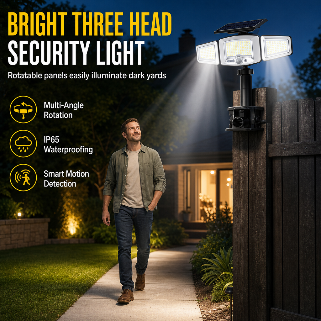 ☀️ Solar 3-Head Motion Sensor Security Light – Adjustable Outdoor Pathway