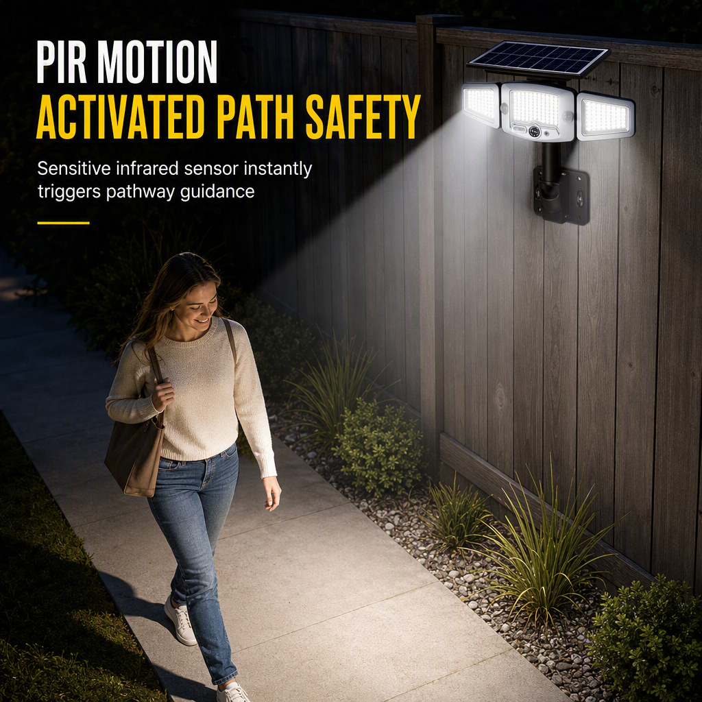 ☀️ Solar 3-Head Motion Sensor Security Light – Adjustable Outdoor Pathway