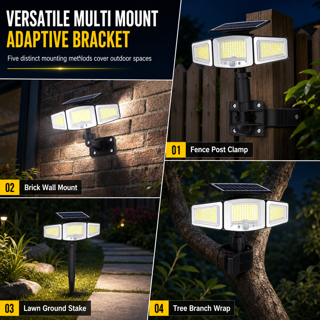 ☀️ Solar 3-Head Motion Sensor Security Light – Adjustable Outdoor Pathway