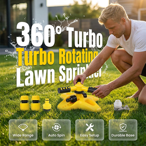 💦 360° Rotating Lawn Sprinkler – Turbo Garden Watering System for Large Yards 🌱