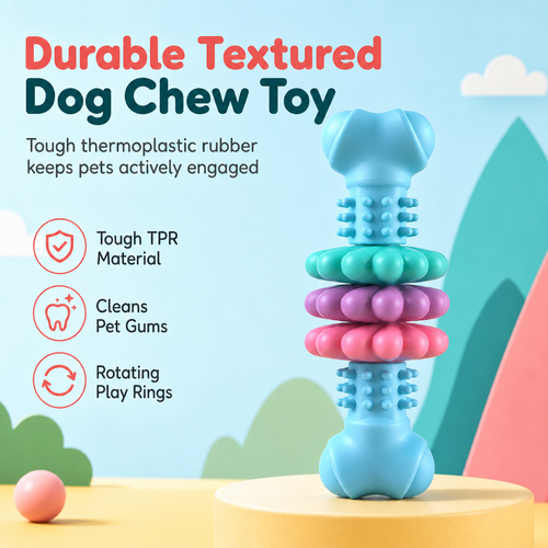 🐶 Durable TPR Textured Dog Chew Bone Toy with Rotating Play Rings 🦴