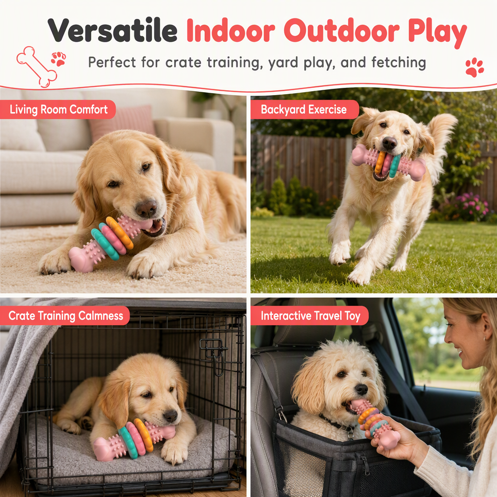 🐶 Durable TPR Textured Dog Chew Bone Toy with Rotating Play Rings 🦴