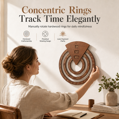 🪵 Concentric Rings Wooden Perpetual Calendar - Interactive Wall Art Decor 🗓️