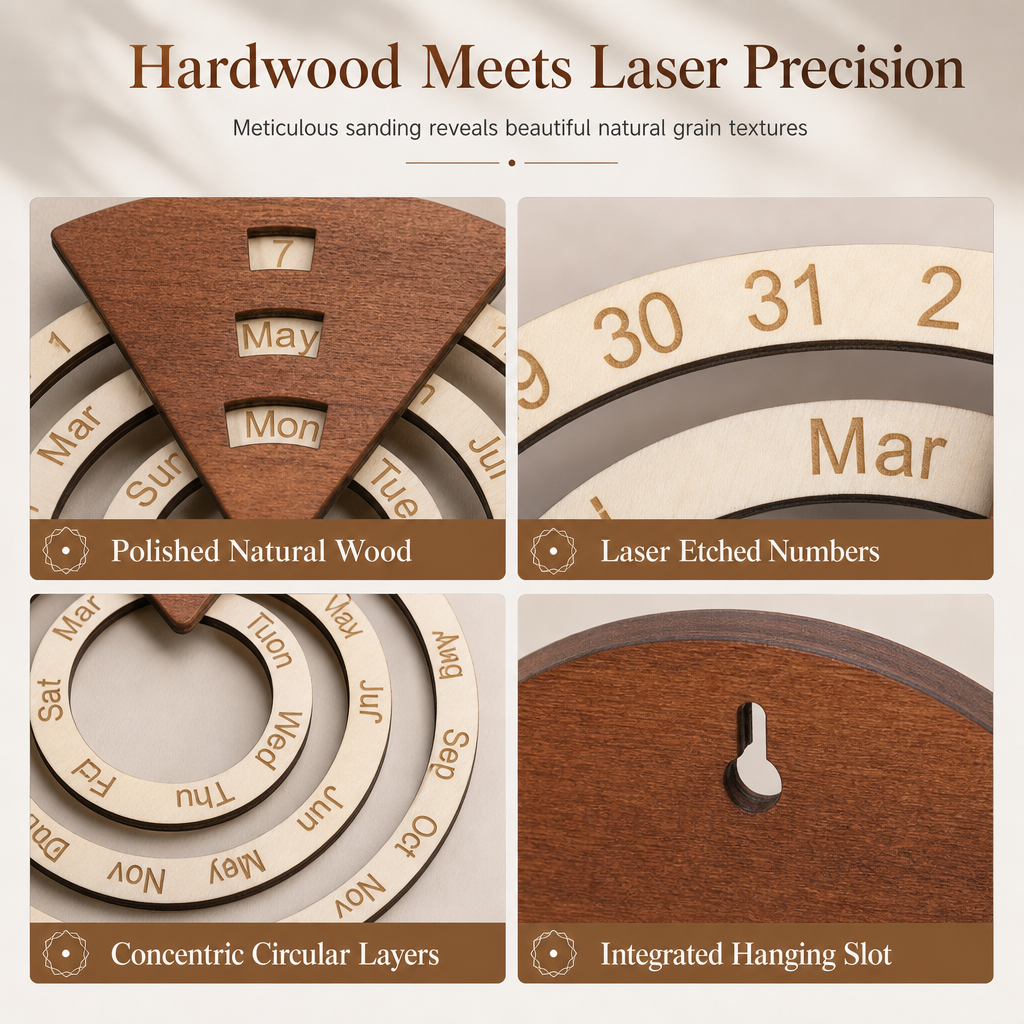 🪵 Concentric Rings Wooden Perpetual Calendar - Interactive Wall Art Decor 🗓️
