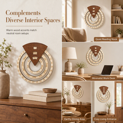 🪵 Concentric Rings Wooden Perpetual Calendar - Interactive Wall Art Decor 🗓️