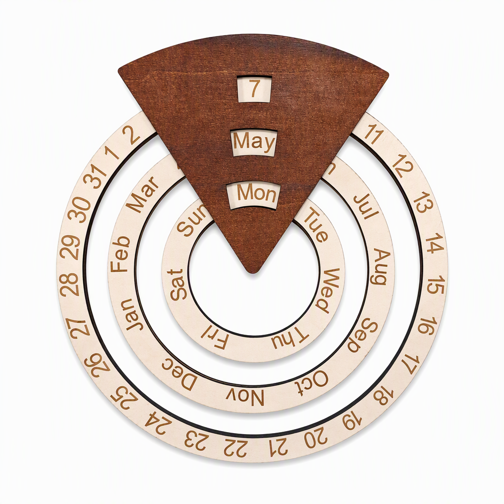 🪵 Concentric Rings Wooden Perpetual Calendar - Interactive Wall Art Decor 🗓️