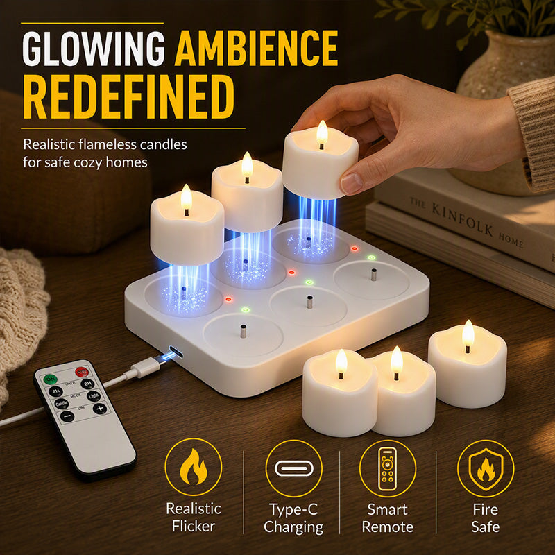 🕯️ Rechargeable Flameless LED Tealight Candles Set - Remote Control & Charging Station 🏠💚