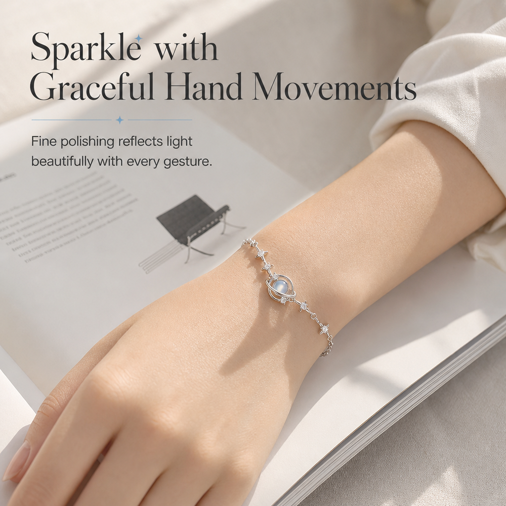 ✨ S925 Silver Celestial Planet Bracelet - Sparkling Rhinestone Inlay