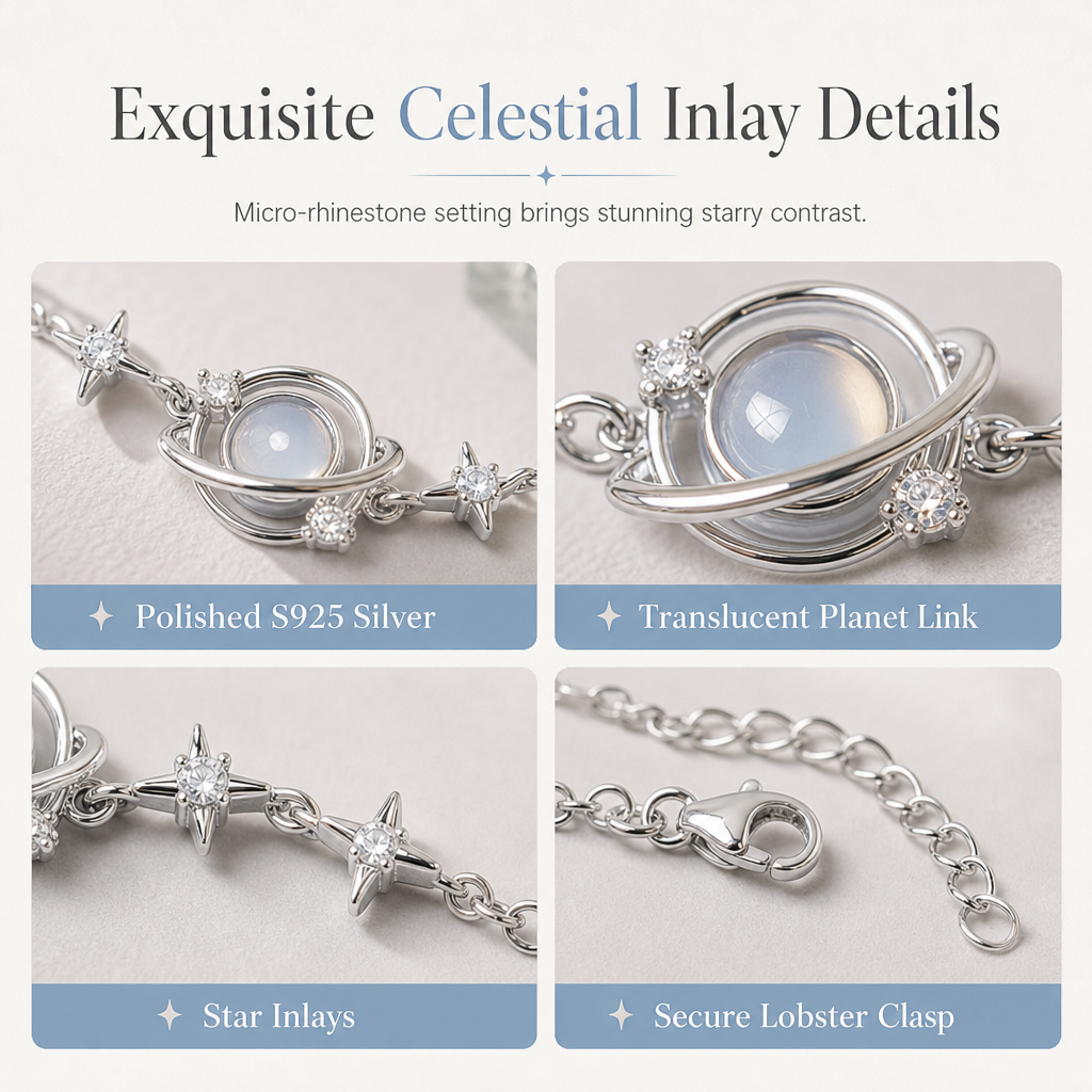 ✨ S925 Silver Celestial Planet Bracelet - Sparkling Rhinestone Inlay