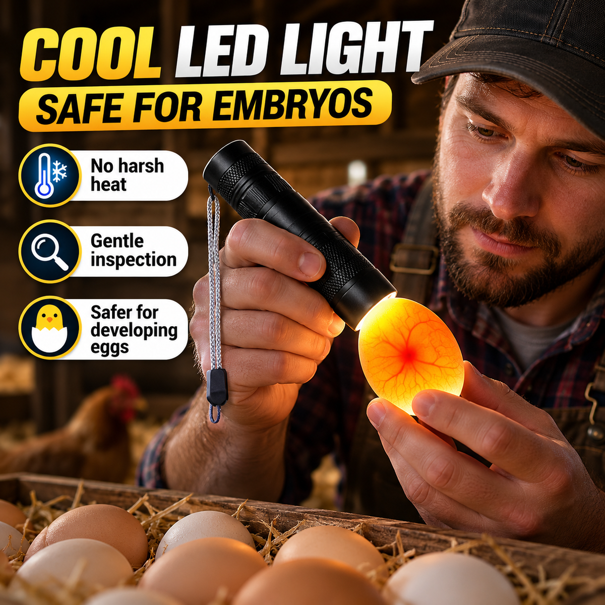 🥚 Rechargeable LED Egg Candler - Cool Light Embryo Inspection Tool 💡