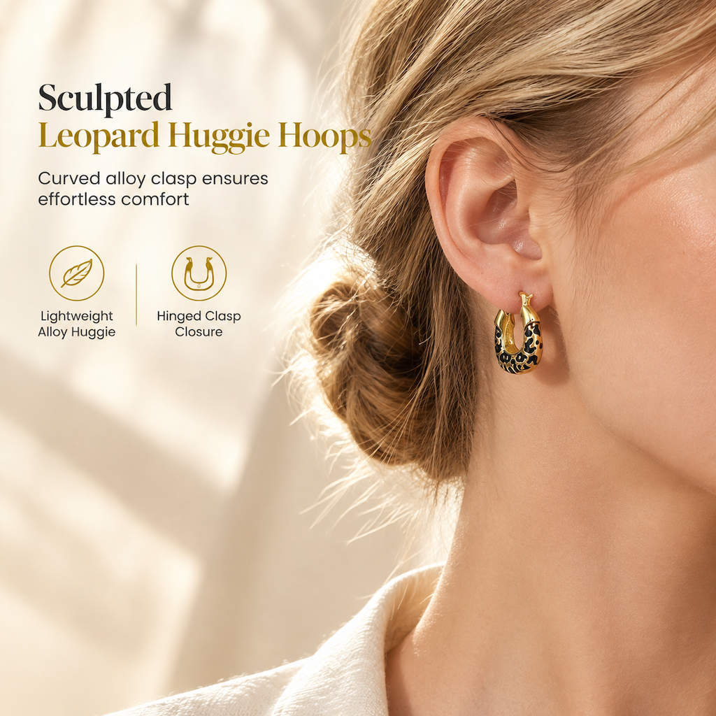 🐆 Sculpted Leopard Huggie Hoop Earrings - Lightweight Enamel Hoops ✨