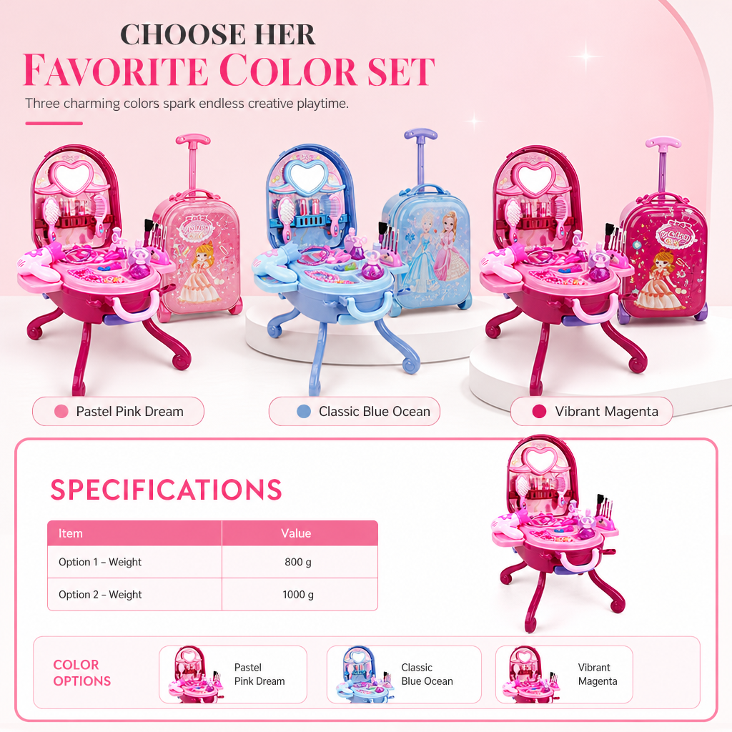 👑 3-in-1 Princess Vanity Suitcase Toy Set - Pretend Beauty Salon 💄