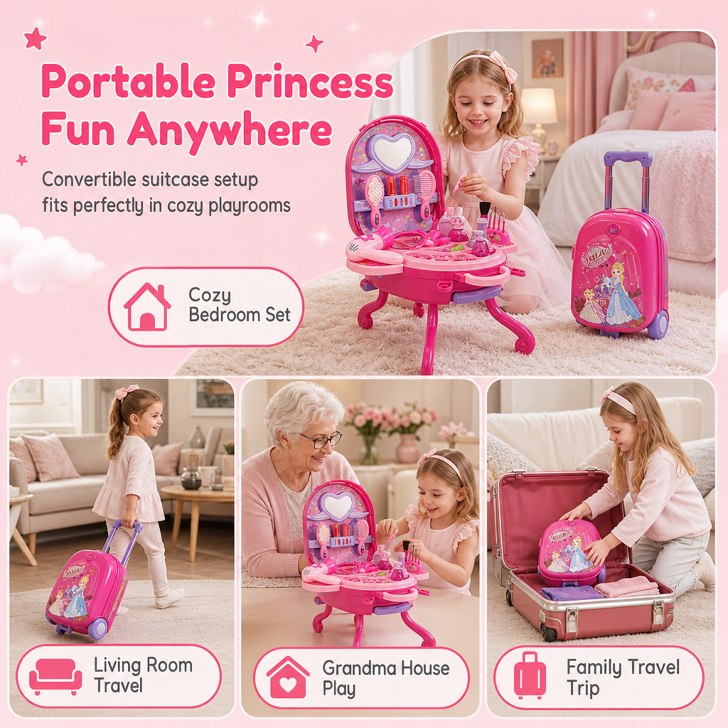 👑 3-in-1 Princess Vanity Suitcase Toy Set - Pretend Beauty Salon 💄