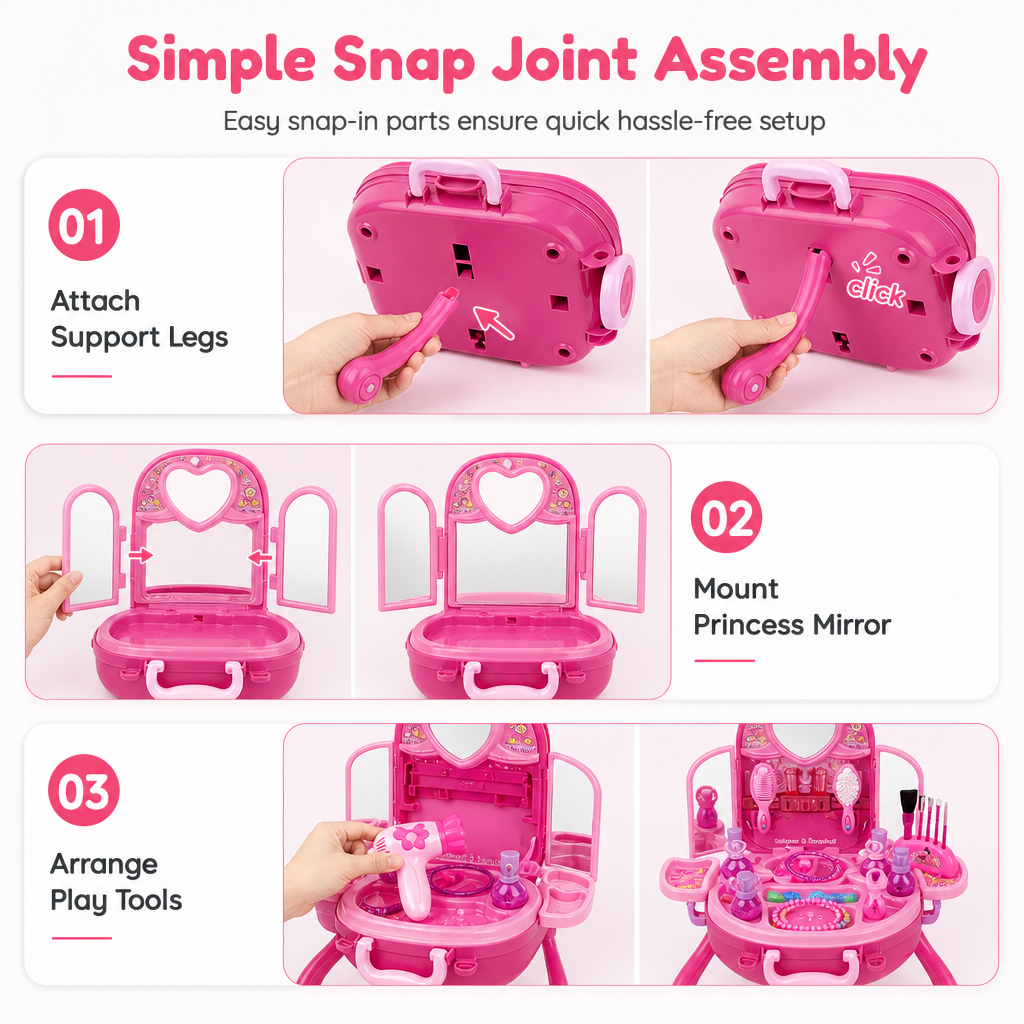 👑 3-in-1 Princess Vanity Suitcase Toy Set - Pretend Beauty Salon 💄