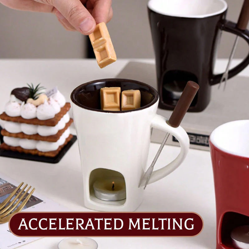 🍫 Ceramic Chocolate Fondue Mug Set with Fork - Mini Tea Light Melting Cup