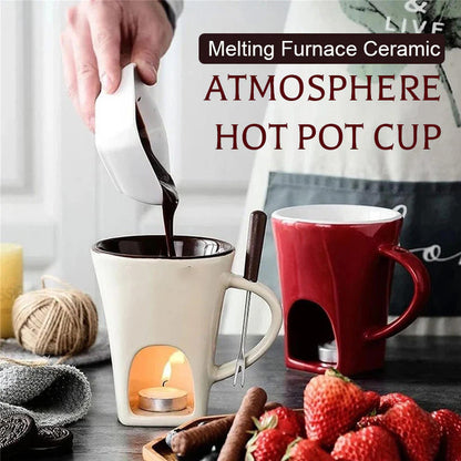 🍫 Ceramic Chocolate Fondue Mug Set with Fork - Mini Tea Light Melting Cup