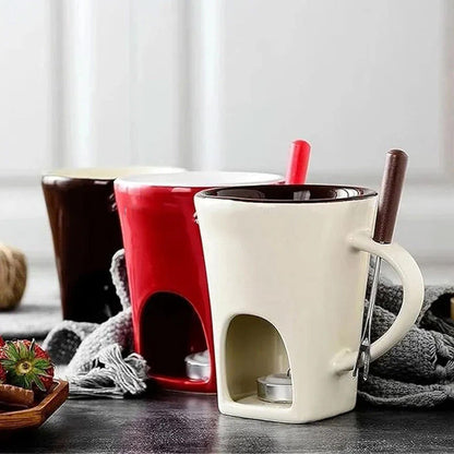 🍫 Ceramic Chocolate Fondue Mug Set with Fork - Mini Tea Light Melting Cup