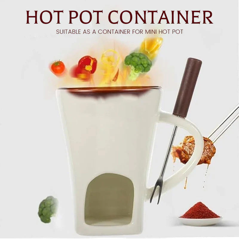 🍫 Ceramic Chocolate Fondue Mug Set with Fork - Mini Tea Light Melting Cup