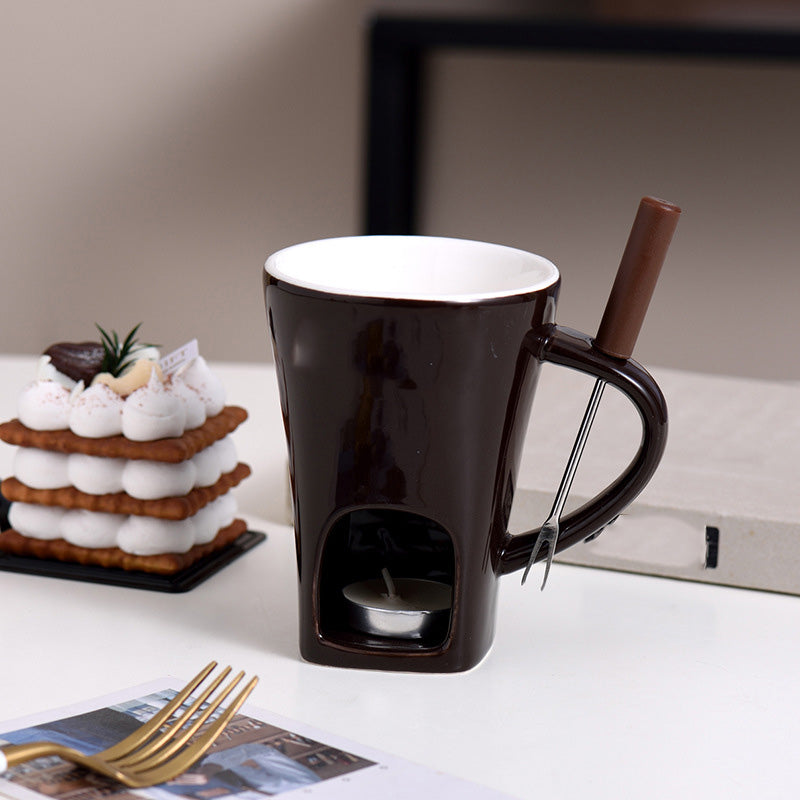 🍫 Ceramic Chocolate Fondue Mug Set with Fork - Mini Tea Light Melting Cup