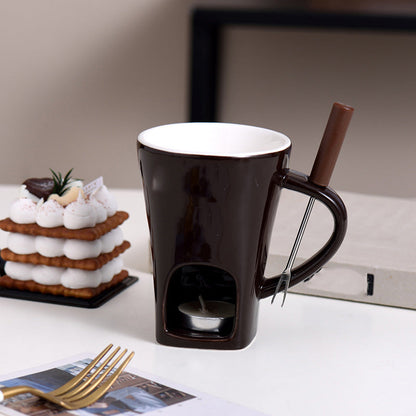 🍫 Ceramic Chocolate Fondue Mug Set with Fork - Mini Tea Light Melting Cup