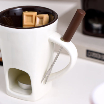 🍫 Ceramic Chocolate Fondue Mug Set with Fork - Mini Tea Light Melting Cup